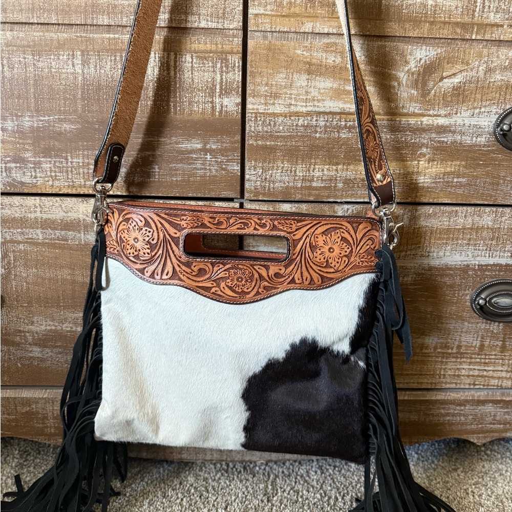 Brown and White Leather Fringe Bag